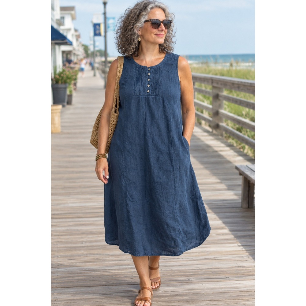 J Jill Love Linen Shift Dress Sz 2X Dark Blue Lagenlook Coastal Artsy Travel